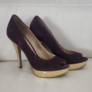 Elegant Purple Suede Peep-Toe Heels with Gold Accents By Enzo Anciolini
